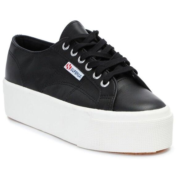 Superga Womens 6 Platform Sneakers Black Leather Lace Up Y2K Trendy Grunge Goth - Picture 1 of 16